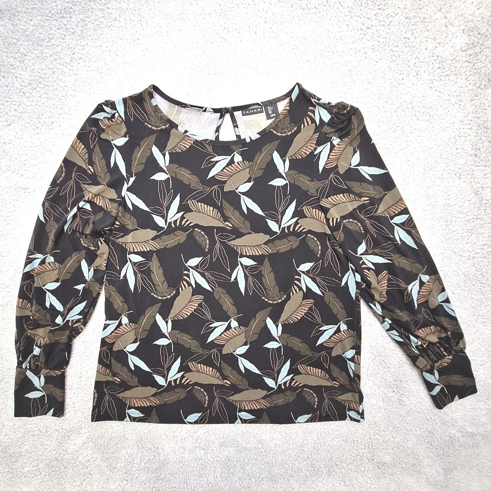 Tahari Blouse Womens Large Black Brown Leaf Print Puff Sleeve Botanical Tropical